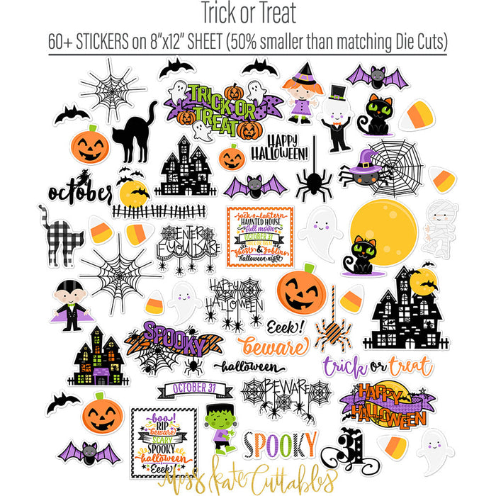 Trick or Treat Paper & Sticker Kit, alternate sticker sheet spread out image, showing 12x12 scrapbook paper and coordinating stickers for scrapbook layouts, photo albums, memory keeping, cards, and paper crafts. Buyer theme: Cute Halloween 12x12 Paper & Sticker Kit. 12x12 Trick or Treat Paper & Sticker Kit with 39 cute Halloween paper designs, 4x4 and 4x6 element sheets and a coordinating spooky-cute sticker sheet