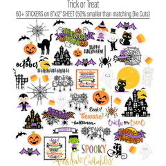 Trick or Treat Paper & Sticker Kit, alternate sticker sheet spread out image, showing 12x12 scrapbook paper and coordinating stickers for scrapbook layouts, photo albums, memory keeping, cards, and paper crafts. Buyer theme: Cute Halloween 12x12 Paper & Sticker Kit. 12x12 Trick or Treat Paper & Sticker Kit with 39 cute Halloween paper designs, 4x4 and 4x6 element sheets and a coordinating spooky-cute sticker sheet