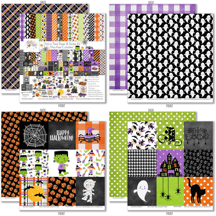 Trick or Treat Paper & Sticker Kit, 12x12 paper designs cover to 6 preview, showing 12x12 scrapbook paper and coordinating stickers for scrapbook layouts, photo albums, memory keeping, cards, and paper crafts. Buyer theme: Cute Halloween 12x12 Paper & Sticker Kit. 12x12 Trick or Treat Paper & Sticker Kit with 39 cute Halloween paper designs, 4x4 and 4x6 element sheets and a coordinating spooky-cute sticker sheet
