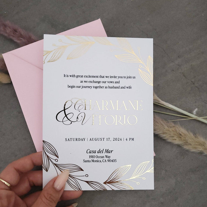 White Wedding Invitations with Gold Foil - XOXOKristen