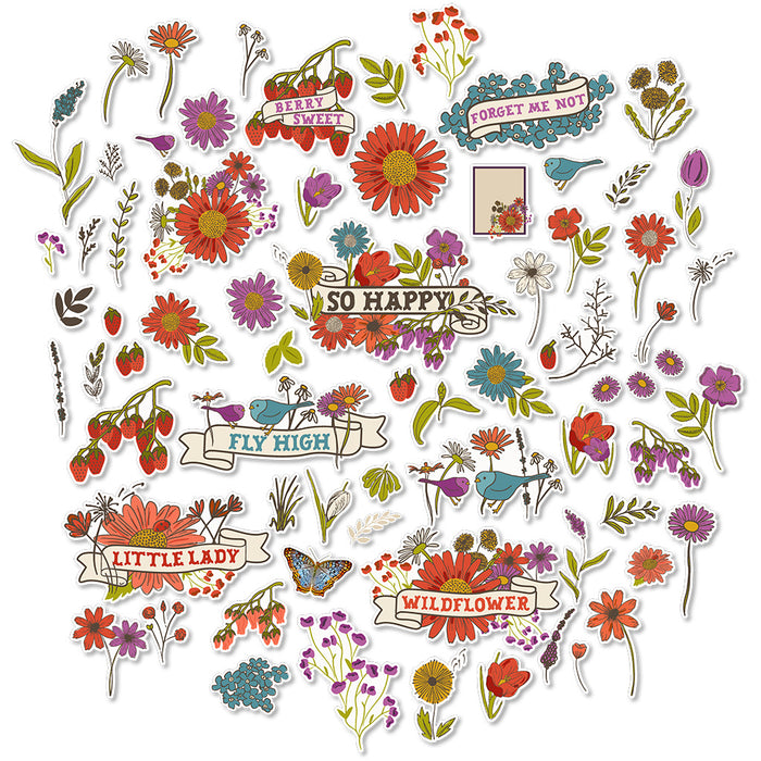 Wildflowers Die Cuts, main product image, showing pre-cut scrapbook embellishments for layouts, handmade cards, journals, mini albums, memory pages, and layered paper crafts. Buyer theme: Botanical Die Cuts & Floral Scrapbook Embellishments. Wildflowers Die Cuts with floral titles, daisies, coneflowers, strawberries, berry clusters, birds, butterfly, leaves, stems, bouquets and vintage banner accents. Designed for Wildflower scrapbook layouts, Garden photo albums, Nature journals