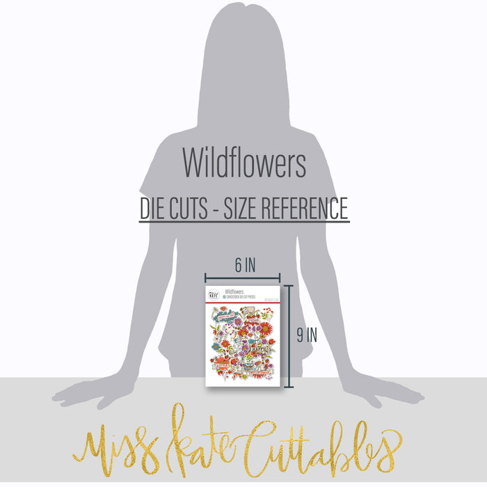 Wildflowers Die Cuts, size guide image, showing pre-cut scrapbook embellishments for layouts, handmade cards, journals, mini albums, memory pages, and layered paper crafts. Buyer theme: Botanical Die Cuts & Floral Scrapbook Embellishments. Wildflowers Die Cuts with floral titles, daisies, coneflowers, strawberries, berry clusters, birds, butterfly, leaves, stems, bouquets and vintage banner accents. Coordinating patterns include Teal and coral floral fields, Purple polka dots, Mustard gingham