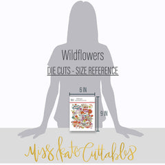 Wildflowers Die Cuts, size guide image, showing pre-cut scrapbook embellishments for layouts, handmade cards, journals, mini albums, memory pages, and layered paper crafts. Buyer theme: Botanical Die Cuts & Floral Scrapbook Embellishments. Wildflowers Die Cuts with floral titles, daisies, coneflowers, strawberries, berry clusters, birds, butterfly, leaves, stems, bouquets and vintage banner accents. Coordinating patterns include Teal and coral floral fields, Purple polka dots, Mustard gingham