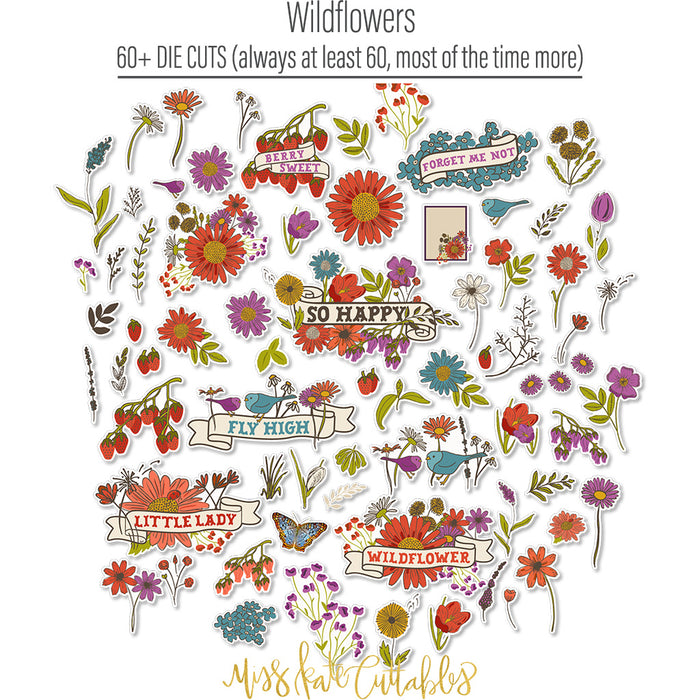 Wildflowers Die Cuts, die cuts spread out image, showing pre-cut scrapbook embellishments for layouts, handmade cards, journals, mini albums, memory pages, and layered paper crafts. Buyer theme: Botanical Die Cuts & Floral Scrapbook Embellishments. Wildflowers Die Cuts with floral titles, daisies, coneflowers, strawberries, berry clusters, birds, butterfly, leaves, stems, bouquets and vintage banner accents. Designed for Spring and summer memory pages, Card making, Mini albums