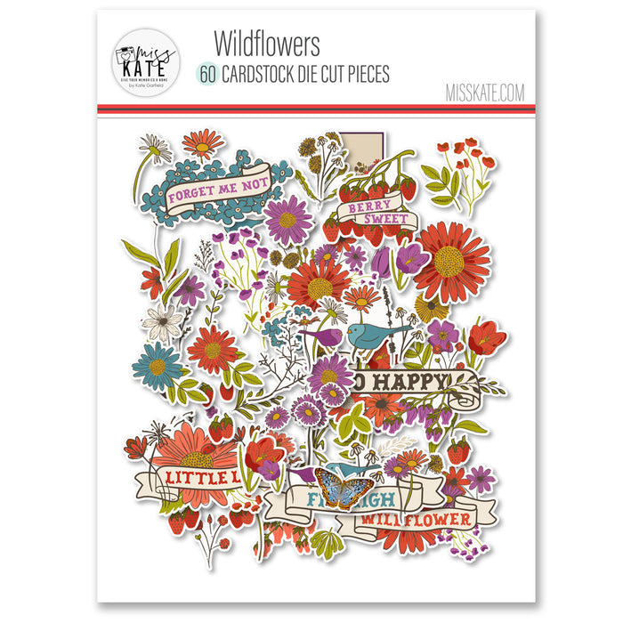 Wildflowers Die Cuts, packaging image, showing pre-cut scrapbook embellishments for layouts, handmade cards, journals, mini albums, memory pages, and layered paper crafts. Buyer theme: Botanical Die Cuts & Floral Scrapbook Embellishments. Wildflowers Die Cuts with floral titles, daisies, coneflowers, strawberries, berry clusters, birds, butterfly, leaves, stems, bouquets and vintage banner accents. Designed for Mini albums, Junk journals, Botanical paper crafts