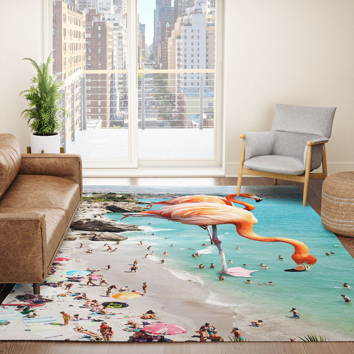 83 Oranges Flamingos on the Beach Wildlife Area Rug