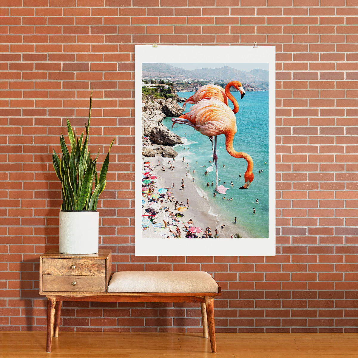 83 Oranges Flamingos on the Beach Wildlife Art Print