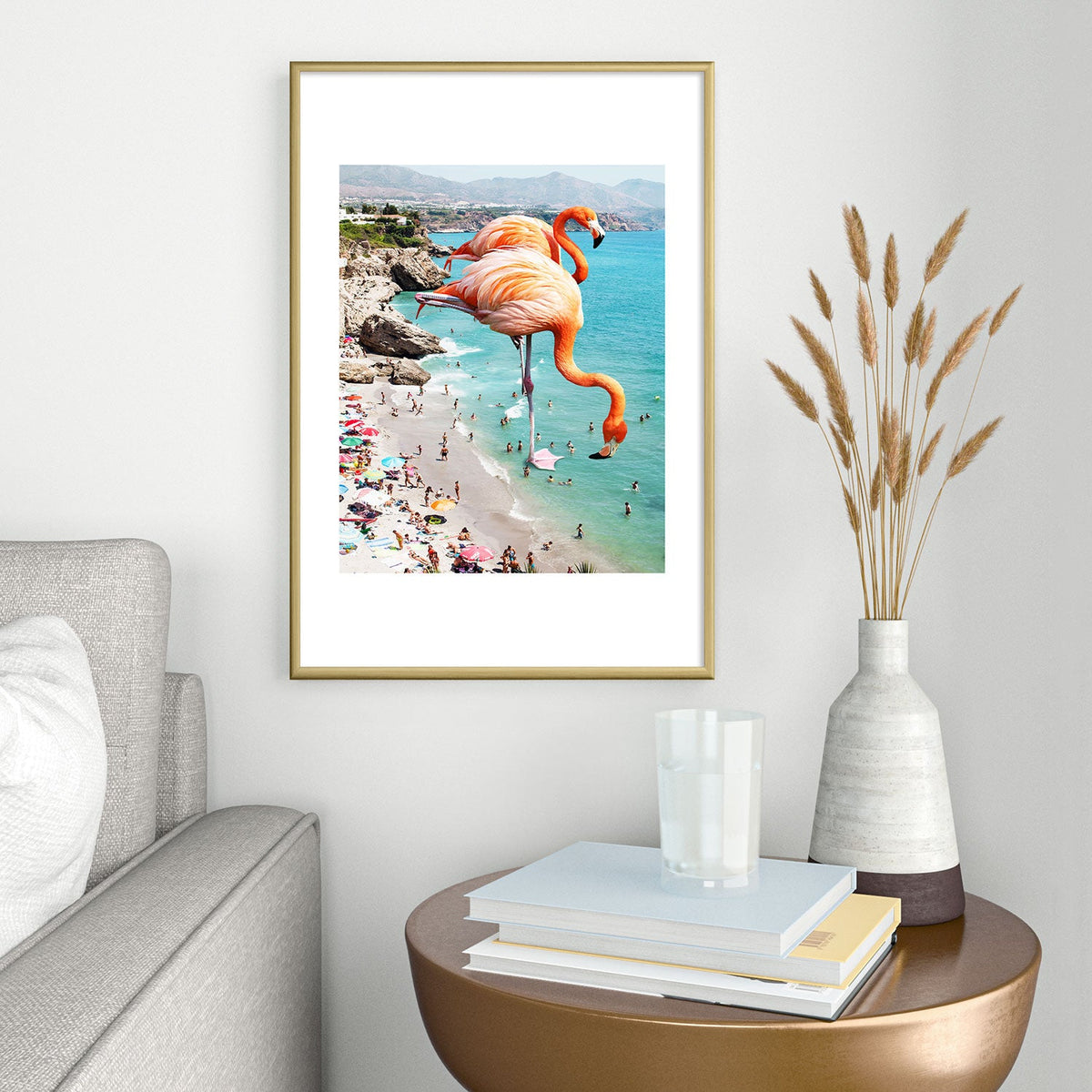 83 Oranges Flamingos on the Beach Wildlife Metal Framed Art Print