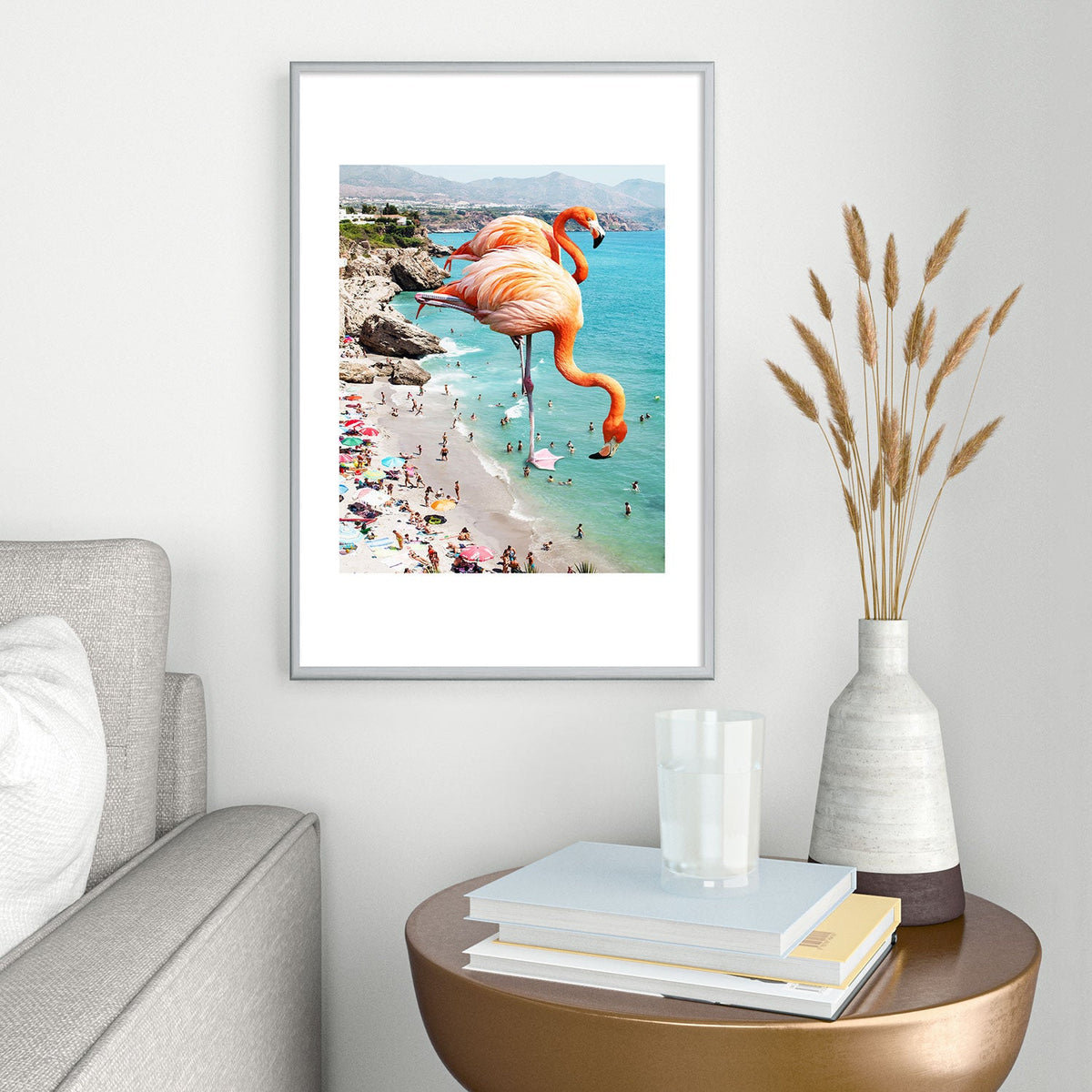 83 Oranges Flamingos on the Beach Wildlife Metal Framed Art Print