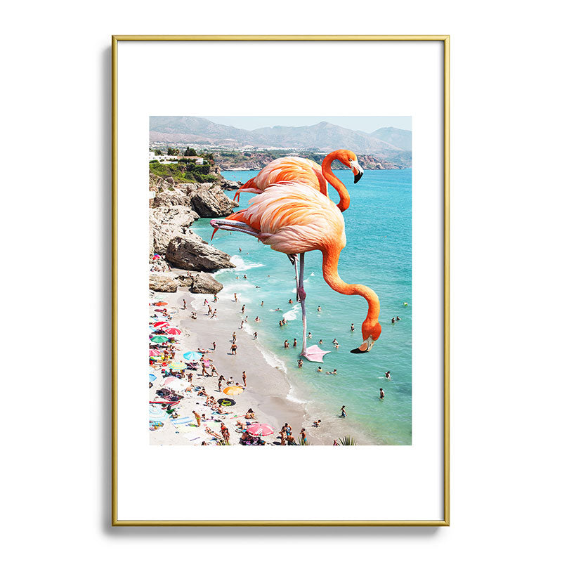 83 Oranges Flamingos on the Beach Wildlife Metal Framed Art Print