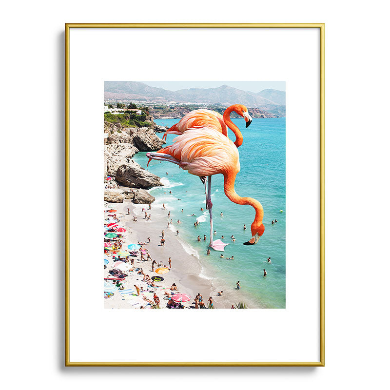 83 Oranges Flamingos on the Beach Wildlife Metal Framed Art Print