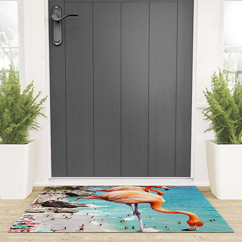 83 Oranges Flamingos on the Beach Wildlife Welcome Mat