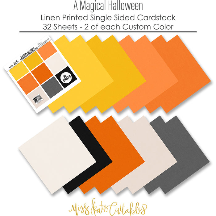 A Magical Halloween Cardstock, papers spread out image, showing 12x12 printed smooth cardstock for scrapbook page bases, photo mats, card making, die cutting, titles, borders, and layered paper projects. Buyer theme: Orange Black Halloween Printed Smooth Cardstock. A Magical Halloween Printed Smooth Cardstock in nine yellow, orange, white, gray and black linen-look colors for Halloween paper crafting