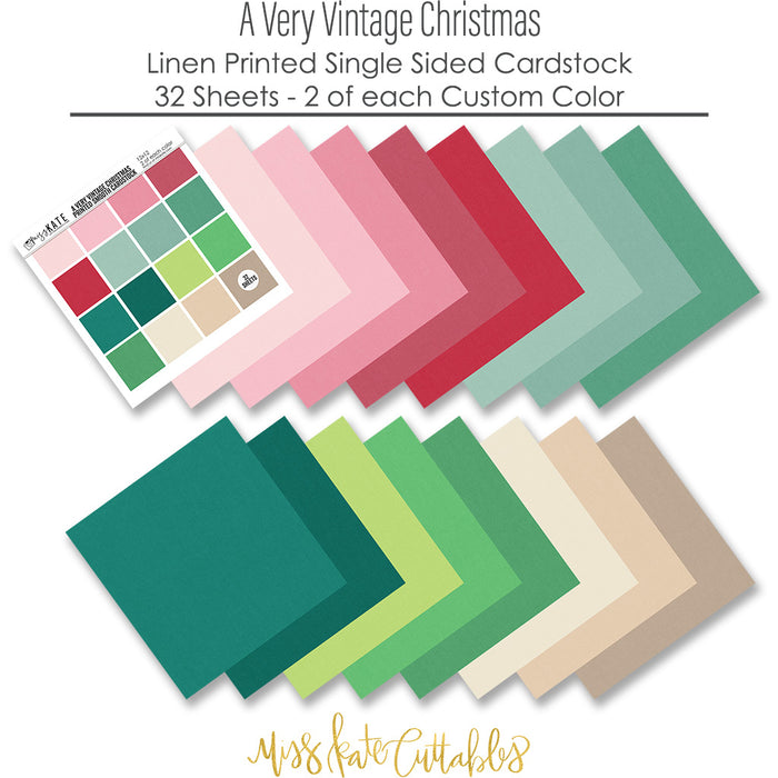 A Very Vintage Christmas Cardstock, papers spread out image, showing 12x12 printed smooth cardstock for scrapbook page bases, photo mats, card making, die cutting, titles, borders, and layered paper projects. Buyer theme: Pink Green Vintage Christmas Printed Smooth Cardstock. A Very Vintage Christmas Printed Smooth Cardstock in sixteen coordinating pink, green, cream and neutral linen-look colors for holiday paper crafting