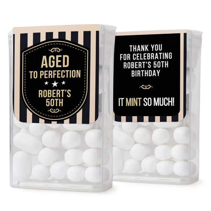 XOXOKristen front and back views of “Aged to Perfection” birthday Tic Tac stickers with black and gold accents, bold typography – XOXOKristen