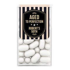 XOXOKristen personalized “Aged to Perfection” Tic Tac favor sticker with black and gold badge design and vertical stripes – XOXOKristen