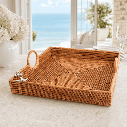 Anchor Hand Woven Wicker Rattan Large Square Tray 4