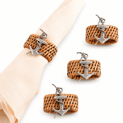 Anchor Hand Woven Wicker Rattan Napkin Ring - Set of 4 1