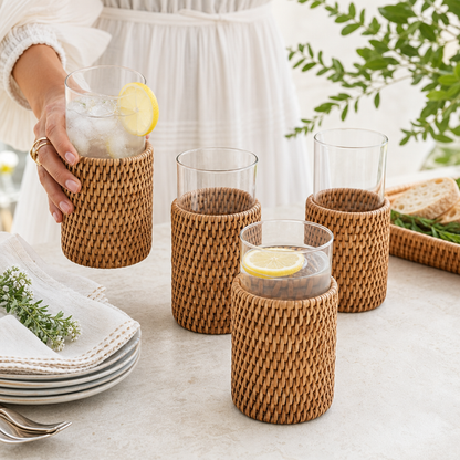 Drinking Glass Covered with Hand Woven Wicker Rattan - Set of 4 3