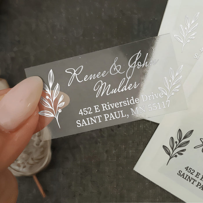 XOXOKristen custom clear return address label with silver print and botanical foliage illustration, transparent glossy envelope sticker - XOXOKristen