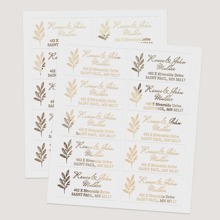 XOXOKristen return address label sticker sheets featuring designs in gold, silver, rose gold, and black prints with foliage accents - XOXOKristen
