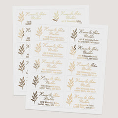 XOXOKristen return address label sticker sheets featuring designs in gold, silver, rose gold, and black prints with foliage accents - XOXOKristen