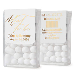XOXOKristen wedding favor mint box label in elegant gold foil script and serif print, applied to a clear box with white mints – XOXOKristen
