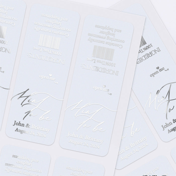 XOXOKristen personalized “Mint to Be” labels in silver foil with modern calligraphy and serif font combination, shown on sticker sheets – XOXOKristen