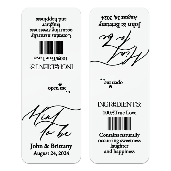 XOXOKristen personalized “Mint to Be” wedding favor label in black script and serif typography on white slightly textured cardstock-style sticker – XOXOKristen