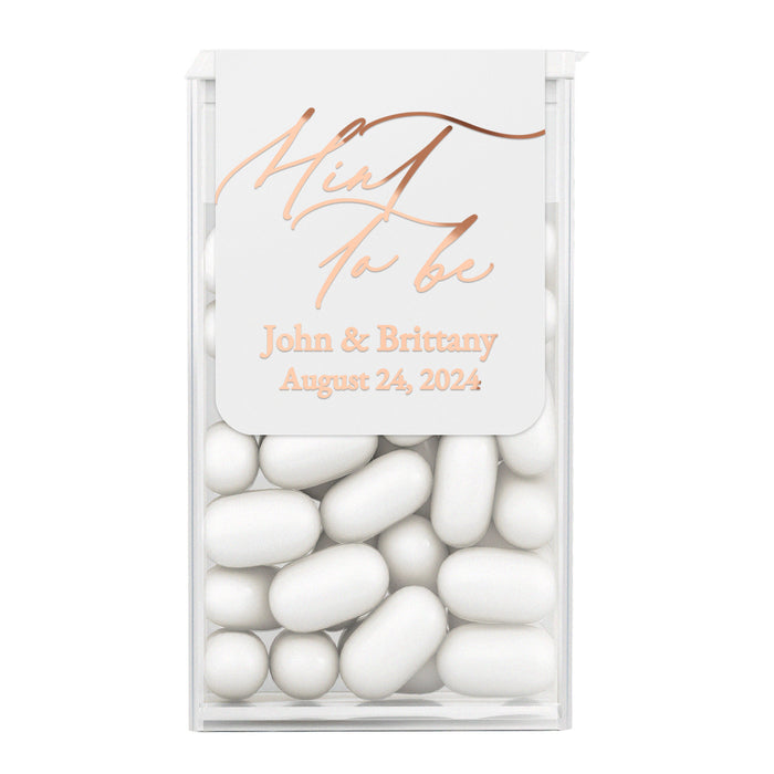 XOXOKristen custom “Mint to Be” labels with rose gold foil printing on white labels, displayed on sheets for wedding favors – XOXOKristen