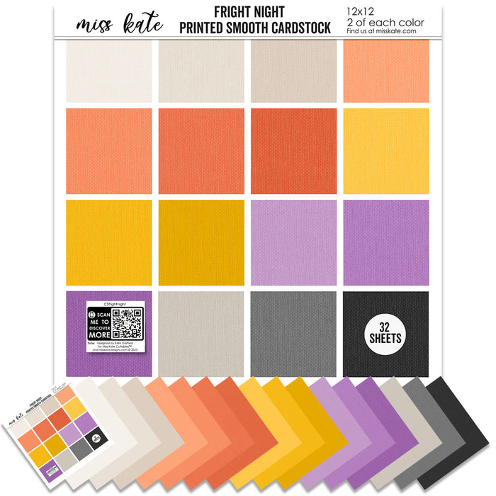 Fright Night Cardstock, main product image, showing 12x12 printed smooth cardstock for scrapbook page bases, photo mats, card making, die cutting, titles, borders, and layered paper projects. Buyer theme: Orange Purple Halloween Printed Smooth Cardstock. Fright Night Printed Smooth Cardstock in sixteen coordinating cream, orange, yellow, lavender and gray linen-look colors for Halloween paper crafting