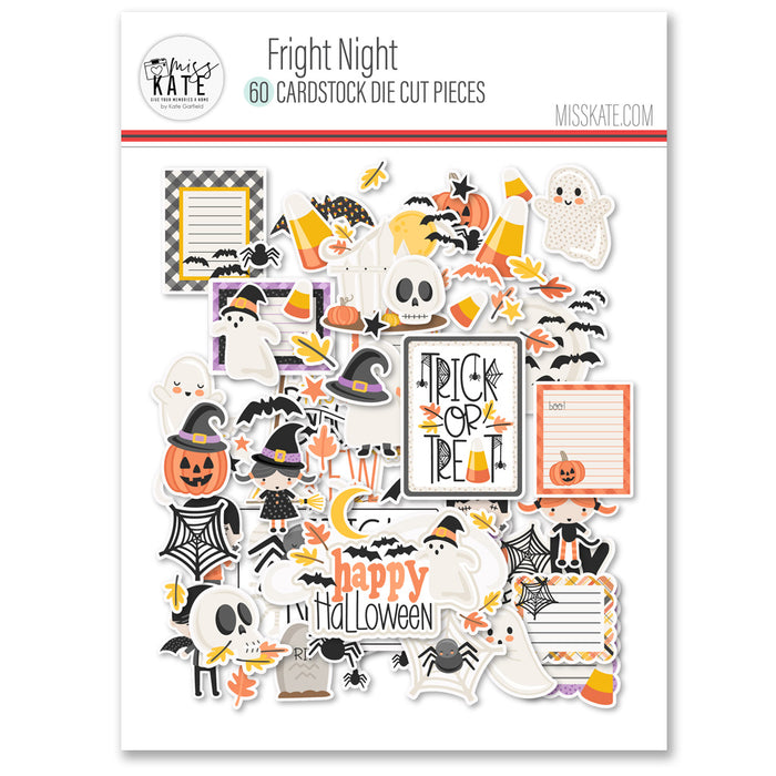Fright Night Die Cuts, packaging image, showing pre-cut scrapbook embellishments for layouts, handmade cards, journals, mini albums, memory pages, and layered paper crafts. Buyer theme: Cute Halloween Die Cuts & Spooky Ephemera. Fright Night die cuts with ghosts, mummies, pumpkins, bats, spiders, candy corn, costume kids and cute Halloween phrases. Color palette includes Soft black, charcoal gray, cream, ivory, peach, pumpkin orange, candy corn yellow, gold, lavender and lilac