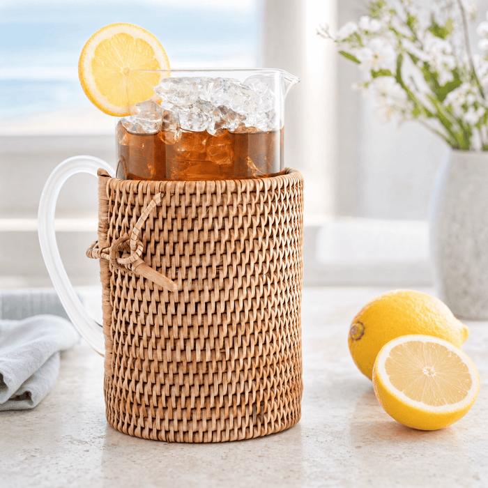Glass Pitcher Hand Woven Wicker Natural Rattan Cover 2