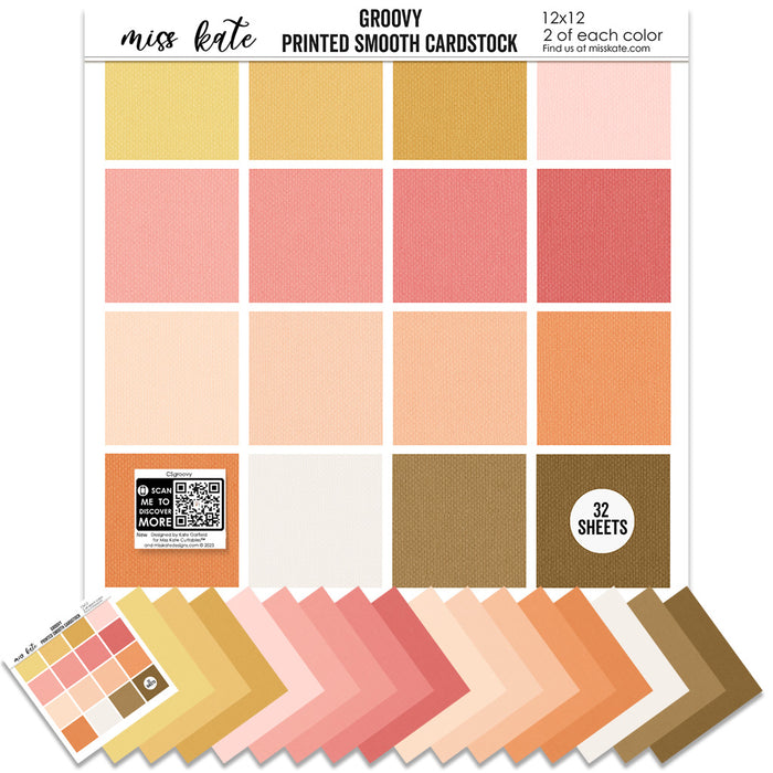 Groovy Cardstock, main product image, showing 12x12 printed smooth cardstock for scrapbook page bases, photo mats, card making, die cutting, titles, borders, and layered paper projects. Buyer theme: Warm Retro Printed Smooth Cardstock. Groovy Printed Smooth Cardstock in coordinating cream, yellow, peach, coral, pink, orange, tan and brown shades. Coordinating patterns include Retro daisy prints, Coral and pink checkerboards, Warm 70s floral patterns