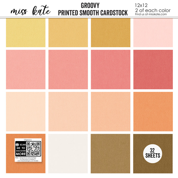 Groovy Cardstock, high resolution cover image, showing 12x12 printed smooth cardstock for scrapbook page bases, photo mats, card making, die cutting, titles, borders, and layered paper projects. Buyer theme: Warm Retro Printed Smooth Cardstock. Groovy Printed Smooth Cardstock in coordinating cream, yellow, peach, coral, pink, orange, tan and brown shades. Coordinating patterns include Coral and pink checkerboards, Warm 70s floral patterns, Polka dots and gingham