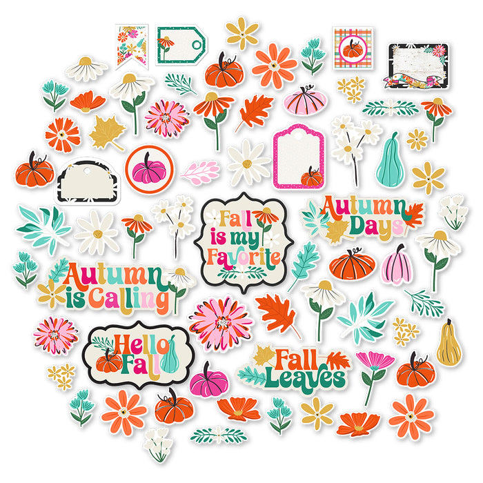 Hello Fall Die Cuts, main product image, showing pre-cut scrapbook embellishments for layouts, handmade cards, journals, mini albums, memory pages, and layered paper crafts. Buyer theme: Autumn Die Cuts & Fall Scrapbook Embellishments. Hello Fall Die Cuts with autumn titles, pumpkins, gourds, colorful leaves, daisies, coneflowers, botanical sprigs, tags, labels and framed accents. Coordinating patterns include Orange and teal checkerboards, Black and orange houndstooth, Colorful autumn florals