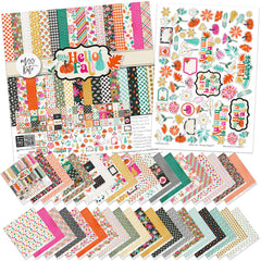 Hello Fall Paper & Sticker Kit, main product image, showing 12x12 scrapbook paper and coordinating stickers for scrapbook layouts, photo albums, memory keeping, cards, and paper crafts. Buyer theme: Fall & Autumn Scrapbook Paper & Sticker Kit. Hello Fall Paper & Sticker Kit with pumpkins, gourds, autumn leaves, bright florals, checkerboards, houndstooth and colorful fall phrases in orange, pink, aqua, teal, mustard, green, cream and black