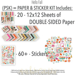 Hello Fall Paper & Sticker Kit, includes image, showing 12x12 scrapbook paper and coordinating stickers for scrapbook layouts, photo albums, memory keeping, cards, and paper crafts. Buyer theme: Fall & Autumn Scrapbook Paper & Sticker Kit. Hello Fall Paper & Sticker Kit with pumpkins, gourds, autumn leaves, bright florals, checkerboards, houndstooth and colorful fall phrases in orange, pink, aqua, teal, mustard, green, cream and black