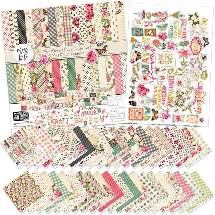 May Flowers Paper & Sticker Kit, main product image, showing 12x12 scrapbook paper and coordinating stickers for scrapbook layouts, photo albums, memory keeping, cards, and paper crafts. Buyer theme: Spring Garden Scrapbook Paper & Sticker Kit. 12x12 May Flowers Paper & Sticker Kit with spring floral patterned papers, garden element cards and coordinating botanical stickers. Color palette includes Rose pink, coral, blush, sage green, mint, yellow, orange, cream and charcoal