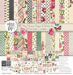 May Flowers Paper & Sticker Kit, high resolution cover image, showing 12x12 scrapbook paper and coordinating stickers for scrapbook layouts, photo albums, memory keeping, cards, and paper crafts. Buyer theme: Spring Garden Scrapbook Paper & Sticker Kit. 12x12 May Flowers Paper & Sticker Kit with spring floral patterned papers, garden element cards and coordinating botanical stickers. Color palette includes Rose pink, coral, blush, sage green, mint, yellow, orange, cream and charcoal