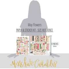 May Flowers Paper & Sticker Kit, size guide image, showing 12x12 scrapbook paper and coordinating stickers for scrapbook layouts, photo albums, memory keeping, cards, and paper crafts. Buyer theme: Spring Garden Scrapbook Paper & Sticker Kit. 12x12 May Flowers Paper & Sticker Kit with spring floral patterned papers, garden element cards and coordinating botanical stickers. Color palette includes Rose pink, coral, blush, sage green, mint, yellow, orange, cream and charcoal