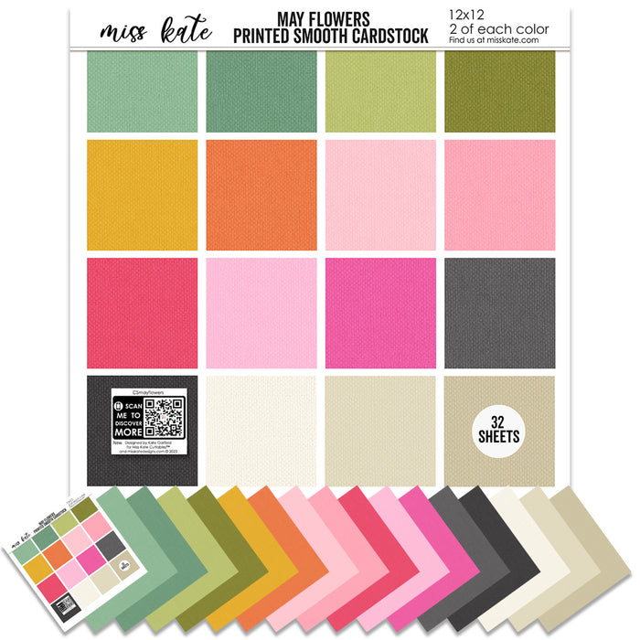 May Flowers Cardstock, main product image, showing 12x12 printed smooth cardstock for scrapbook page bases, photo mats, card making, die cutting, titles, borders, and layered paper projects. Buyer theme: Spring Floral Pink & Green Printed Cardstock. May Flowers Printed Smooth Cardstock in sixteen coordinating pink, green, yellow, orange, cream and charcoal linen-look colors. Color palette includes Rose pink, coral, blush, sage green, mint, yellow, orange, cream and charcoal
