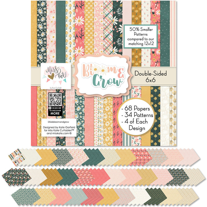Bloom and Grow 6x6 Double-Sided Paper Pack, 6x6 cover and paper spread out image, showing 6x6 scrapbook paper for handmade cards, mini albums, junk journals, paper layering, small-scale layouts, and coordinated paper crafts. Buyer theme: Spring Floral 6x6 Paper for Card Making. Bloom and Grow 6x6 double-sided scrapbook paper with scaled spring floral, garden, plaid, dot and stripe patterns for cards and mini albums