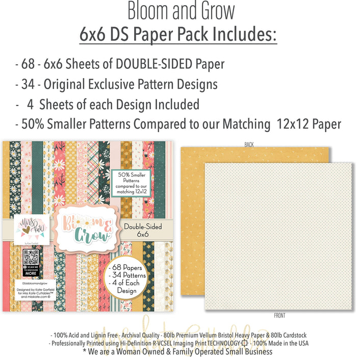 Bloom and Grow 6x6 Double-Sided Paper Pack, 6x6 paper pack cover and includes preview, showing 6x6 scrapbook paper for handmade cards, mini albums, junk journals, paper layering, small-scale layouts, and coordinated paper crafts. Buyer theme: Spring Floral 6x6 Paper for Card Making. Bloom and Grow 6x6 double-sided scrapbook paper with scaled spring floral, garden, plaid, dot and stripe patterns for cards and mini albums