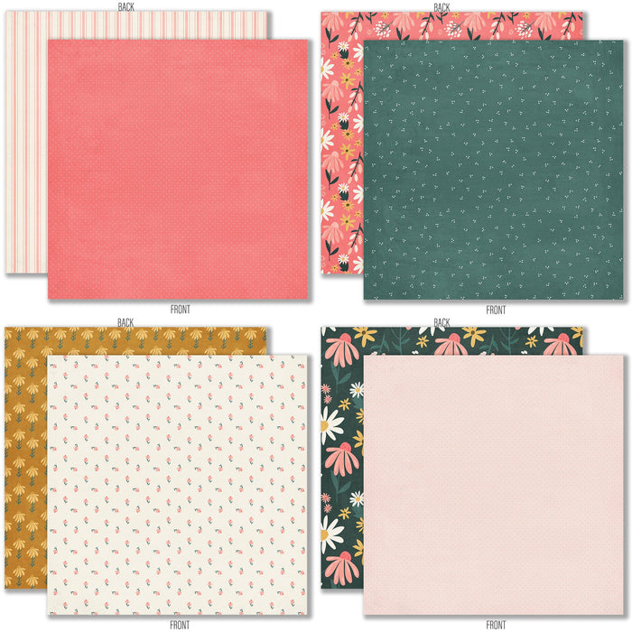 Bloom and Grow 6x6 Double-Sided Paper Pack, 6x6 double-sided paper pack paper patterns 17 through 24 preview, showing 6x6 scrapbook paper for handmade cards, mini albums, junk journals, paper layering, small-scale layouts, and coordinated paper crafts. Buyer theme: Spring Floral 6x6 Paper for Card Making. Bloom and Grow 6x6 double-sided scrapbook paper with scaled spring floral, garden, plaid, dot and stripe patterns for cards and mini albums