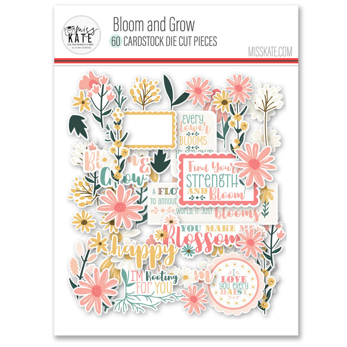 Bloom and Grow Die Cuts, packaging image, showing pre-cut scrapbook embellishments for layouts, handmade cards, journals, mini albums, memory pages, and layered paper crafts. Buyer theme: Spring Floral Die Cuts & Garden Ephemera. Bloom and Grow die cuts with daisies, coneflowers, wildflower sprigs, botanical frames and uplifting floral title phrases. Color palette includes Coral pink, blush, peach, mustard gold, cream, sage, dusty teal, deep teal and warm taupe