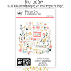 Bloom and Grow Die Cuts, back packaging image, showing pre-cut scrapbook embellishments for layouts, handmade cards, journals, mini albums, memory pages, and layered paper crafts. Buyer theme: Spring Floral Die Cuts & Garden Ephemera. Bloom and Grow die cuts with daisies, coneflowers, wildflower sprigs, botanical frames and uplifting floral title phrases. Color palette includes Coral pink, blush, peach, mustard gold, cream, sage, dusty teal, deep teal and warm taupe