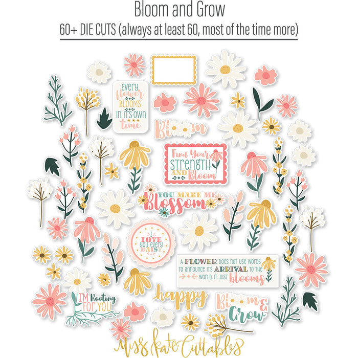 Bloom and Grow Die Cuts, die cuts spread out image, showing pre-cut scrapbook embellishments for layouts, handmade cards, journals, mini albums, memory pages, and layered paper crafts. Buyer theme: Spring Floral Die Cuts & Garden Ephemera. Bloom and Grow die cuts with daisies, coneflowers, wildflower sprigs, botanical frames and uplifting floral title phrases. Color palette includes Coral pink, blush, peach, mustard gold, cream, sage, dusty teal, deep teal and warm taupe