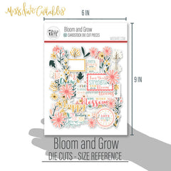 Bloom and Grow Die Cuts, size guide shown in hand for scale, showing pre-cut scrapbook embellishments for layouts, handmade cards, journals, mini albums, memory pages, and layered paper crafts. Buyer theme: Spring Floral Die Cuts & Garden Ephemera. Bloom and Grow die cuts with daisies, coneflowers, wildflower sprigs, botanical frames and uplifting floral title phrases. Color palette includes Coral pink, blush, peach, mustard gold, cream, sage, dusty teal, deep teal and warm taupe