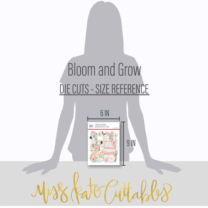 Bloom and Grow Die Cuts, size guide image, showing pre-cut scrapbook embellishments for layouts, handmade cards, journals, mini albums, memory pages, and layered paper crafts. Buyer theme: Spring Floral Die Cuts & Garden Ephemera. Bloom and Grow die cuts with daisies, coneflowers, wildflower sprigs, botanical frames and uplifting floral title phrases. Color palette includes Coral pink, blush, peach, mustard gold, cream, sage, dusty teal, deep teal and warm taupe